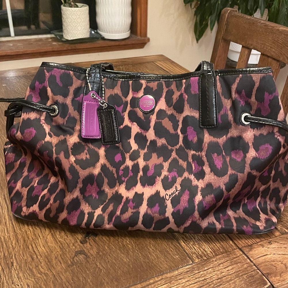 Coach leopard animal Print Tote in Purple, tan and Black